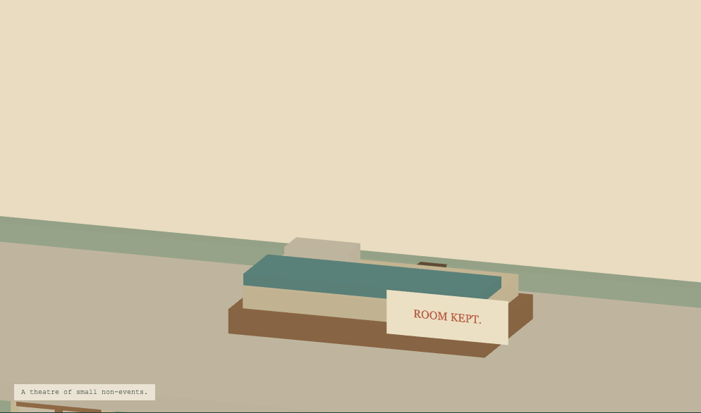 The spare room in the fictional miniature, with a made bed and no frontier-model guest.